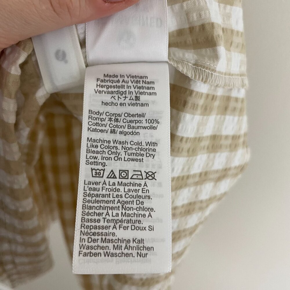 J Crew Light Khaki White Seersucker Ruffle Neck Mini Dress Size 6 - Picture 4 of 6